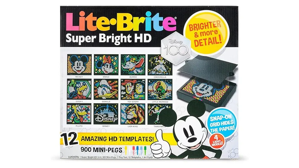 La edizione Lite-Brite Super Bright HD Disney100 è magicamente luminosa, senza polvere di fata.