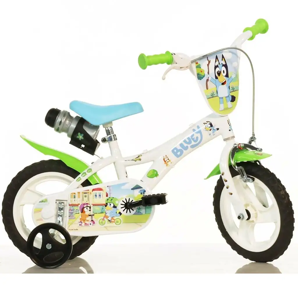 Bicicletta per bambini Bluey 12" con portaborraccia e rotelle, colore bianco-blu-verde – Bicicletta Dino Bikes