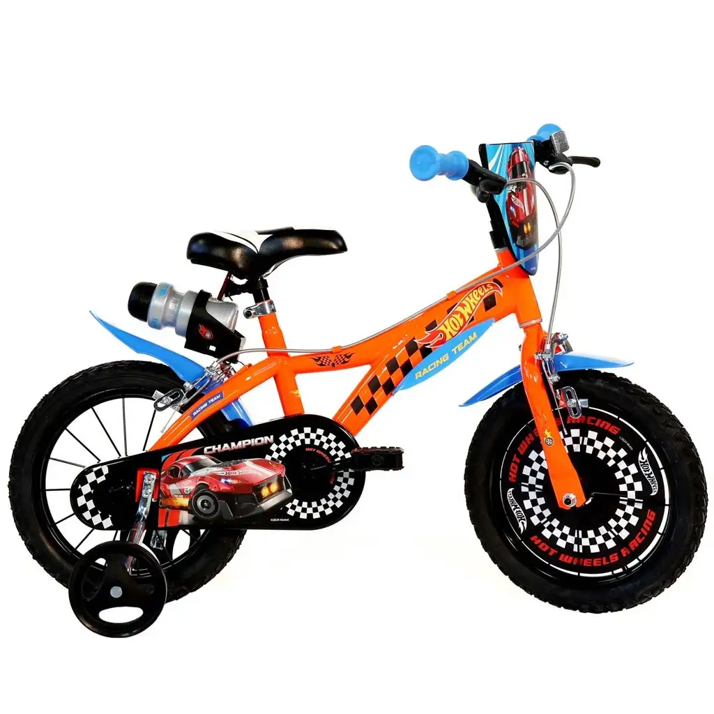 Bicicletta per bambini Hot Wheels 14” con portaborraccia e rotelle laterali, colore arancione-nero – Bicicletta Dino Bikes