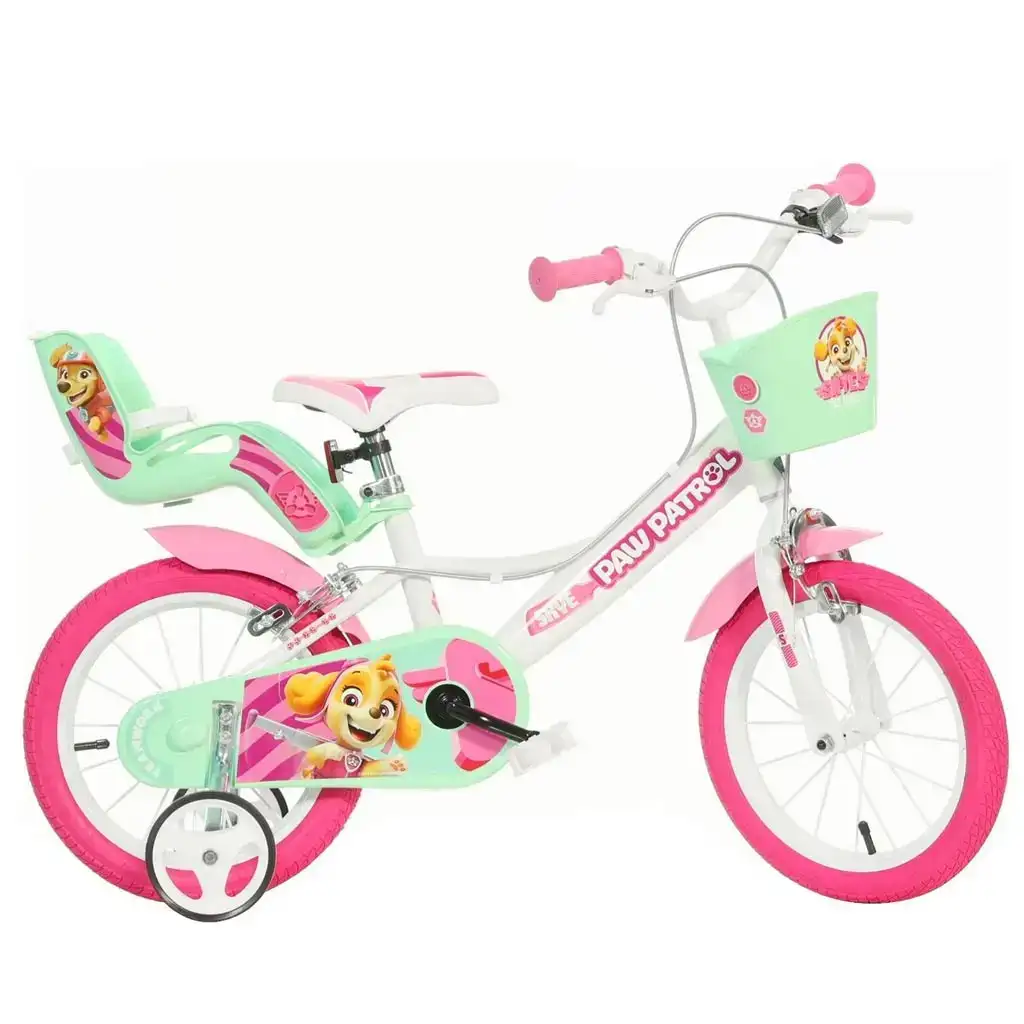 Bicicletta per bambini Mancs Őrjárat Skye 14” con cestino e seggiolino per bambole, colore rosa-menta – Dino Bikes