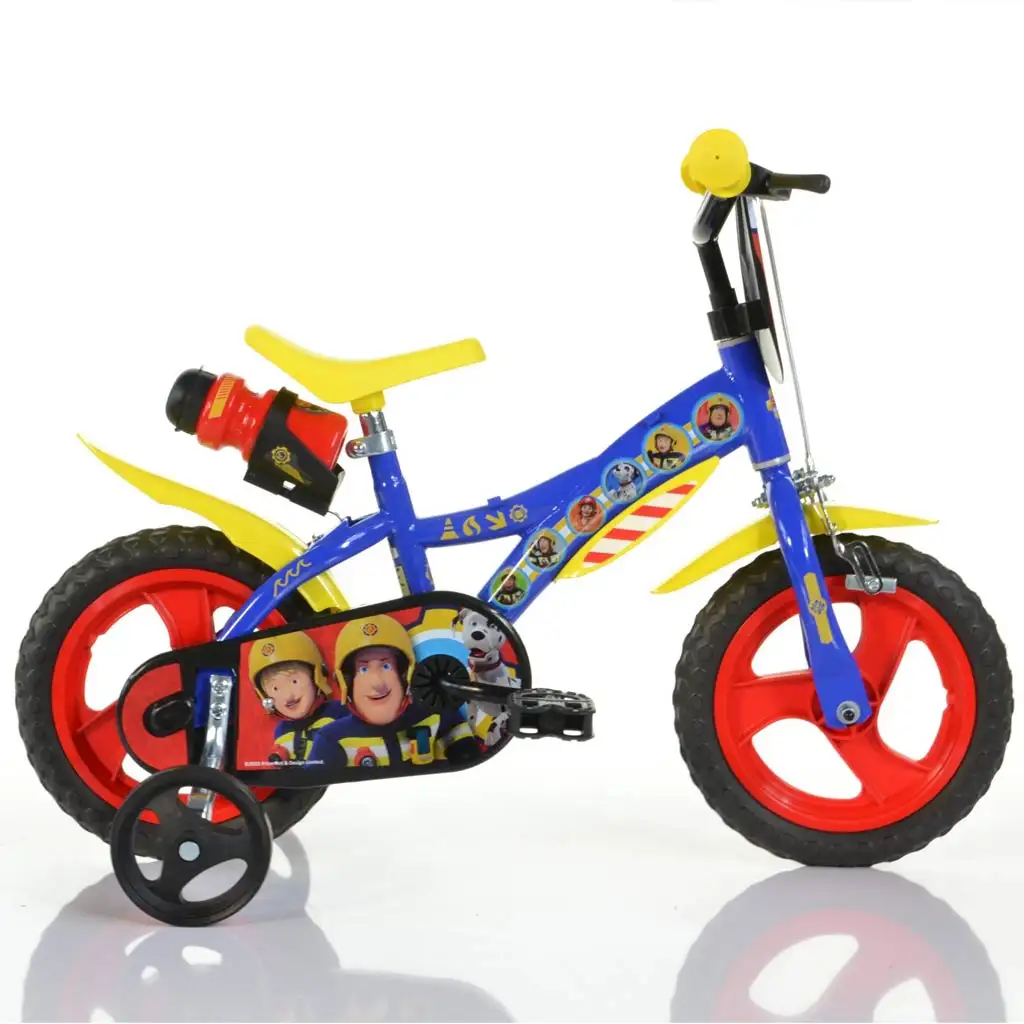Bicicletta per bambini "Sam il pompiere 12" con portaborraccia e rotelle, colore blu-giallo – Dino Bikes