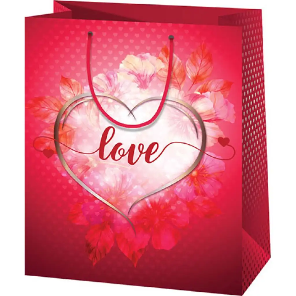 Borsa regalo di medie dimensioni di colore rosso decorata con la scritta "Love" 18x10x23cm