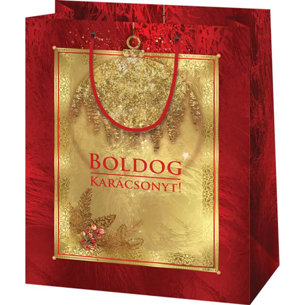 Borsa regalo esclusiva di grandi dimensioni con scritta "Buon Natale", colore oro-rosso, 27x14x33cm.