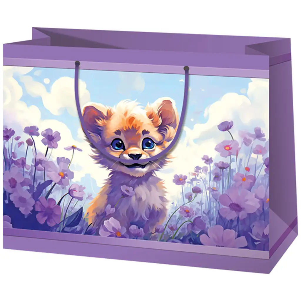 Cucciolo di leone con fiori borsa regalo esclusiva di colore viola di medie dimensioni 18x10x23cm
