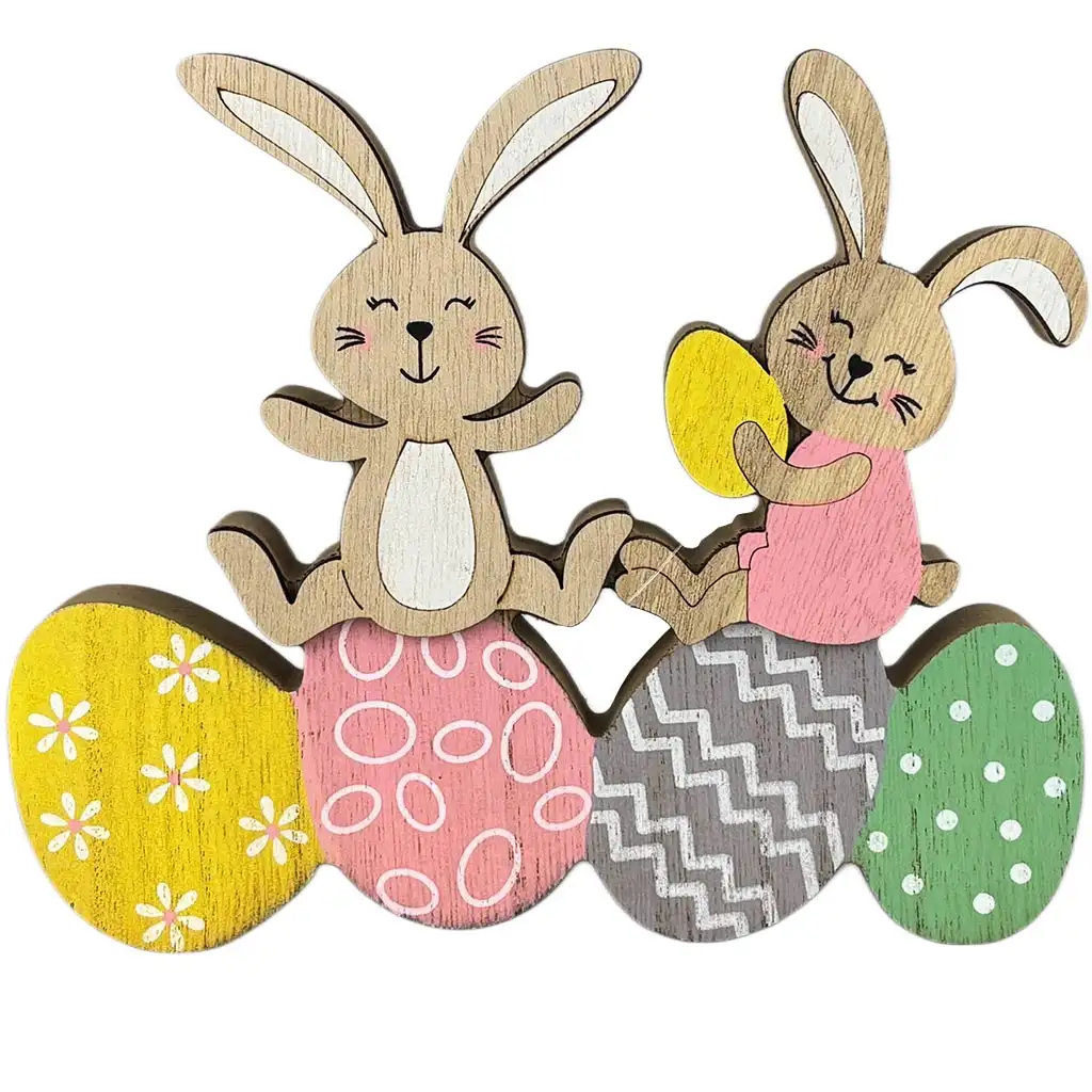 Decorazione di coniglietto pasquale in legno - coniglietti allegri su uova colorate 15x18cm