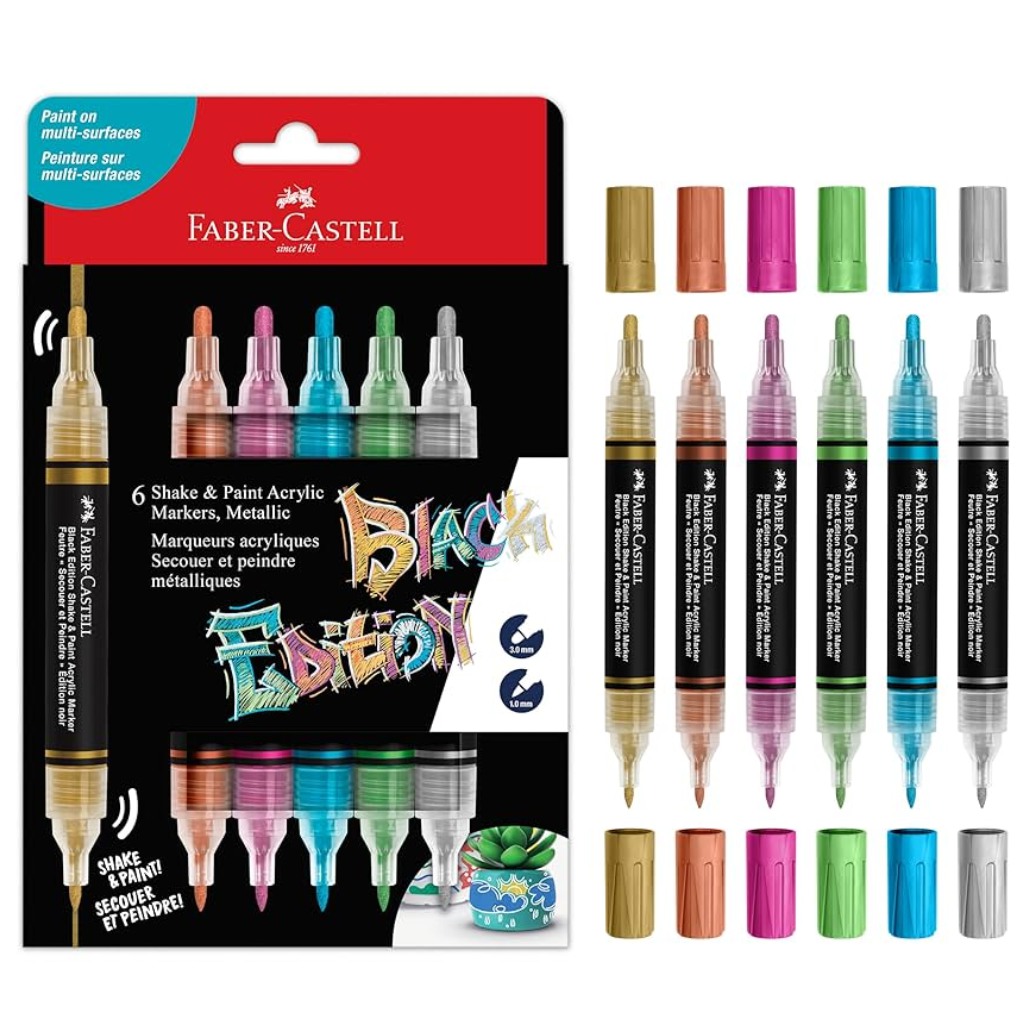 Faber-Castell: Black Edition Shake &amp; Paint set di 6 marker metallici colorati a doppia punta, 3mm e 1mm