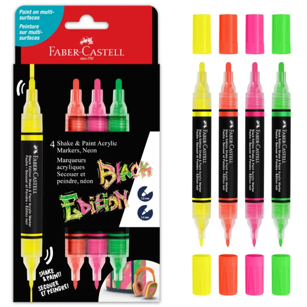 Faber-Castell: Set di 4 marker colorati Black Edition Shake &amp; Paint a doppia punta, 3 mm e 1 mm