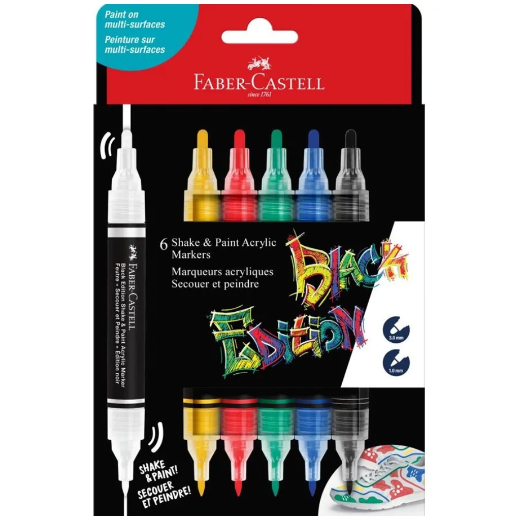 Faber-Castell: Set di 6 marker colorati Black Edition Shake &amp; Paint a doppia punta, 3 mm e 1 mm