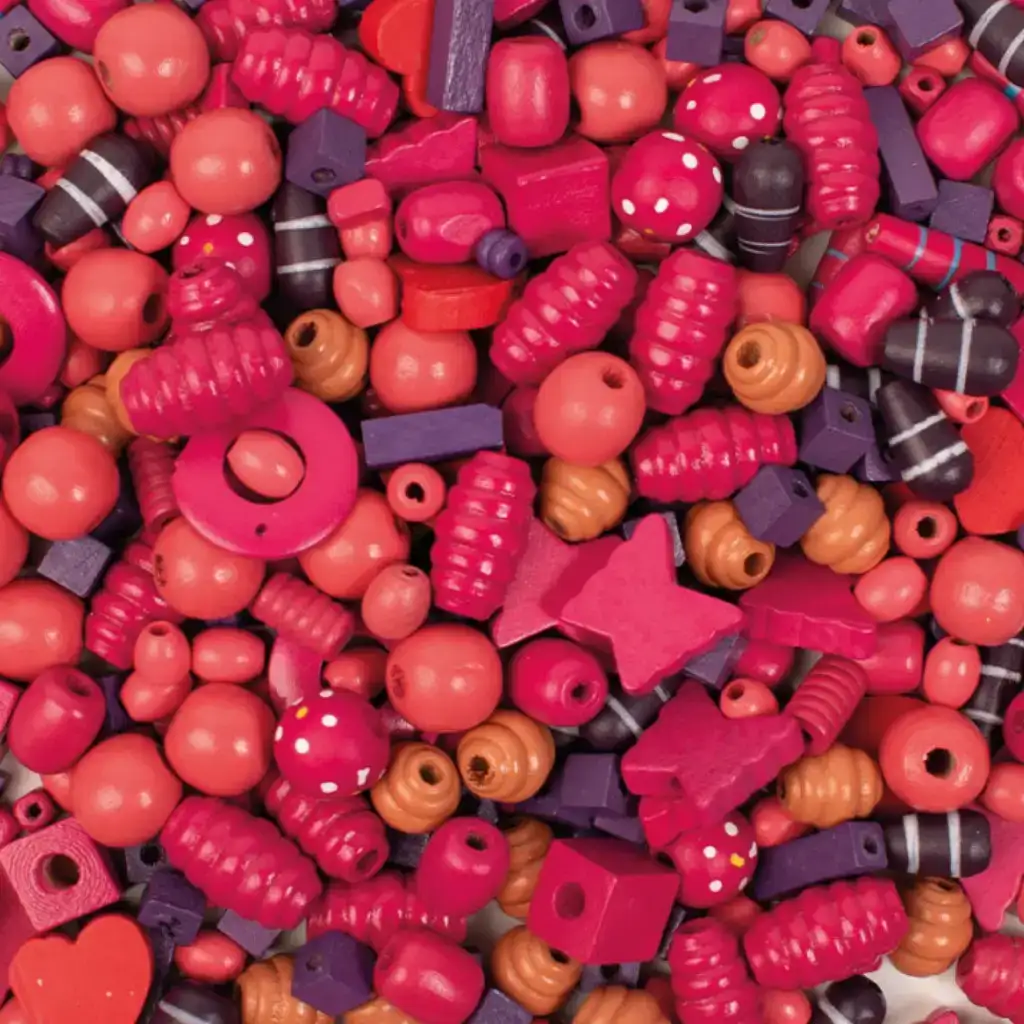 PlayBox: Perline infilabili in legno in colori rosa e lilla assortiti set da 250g