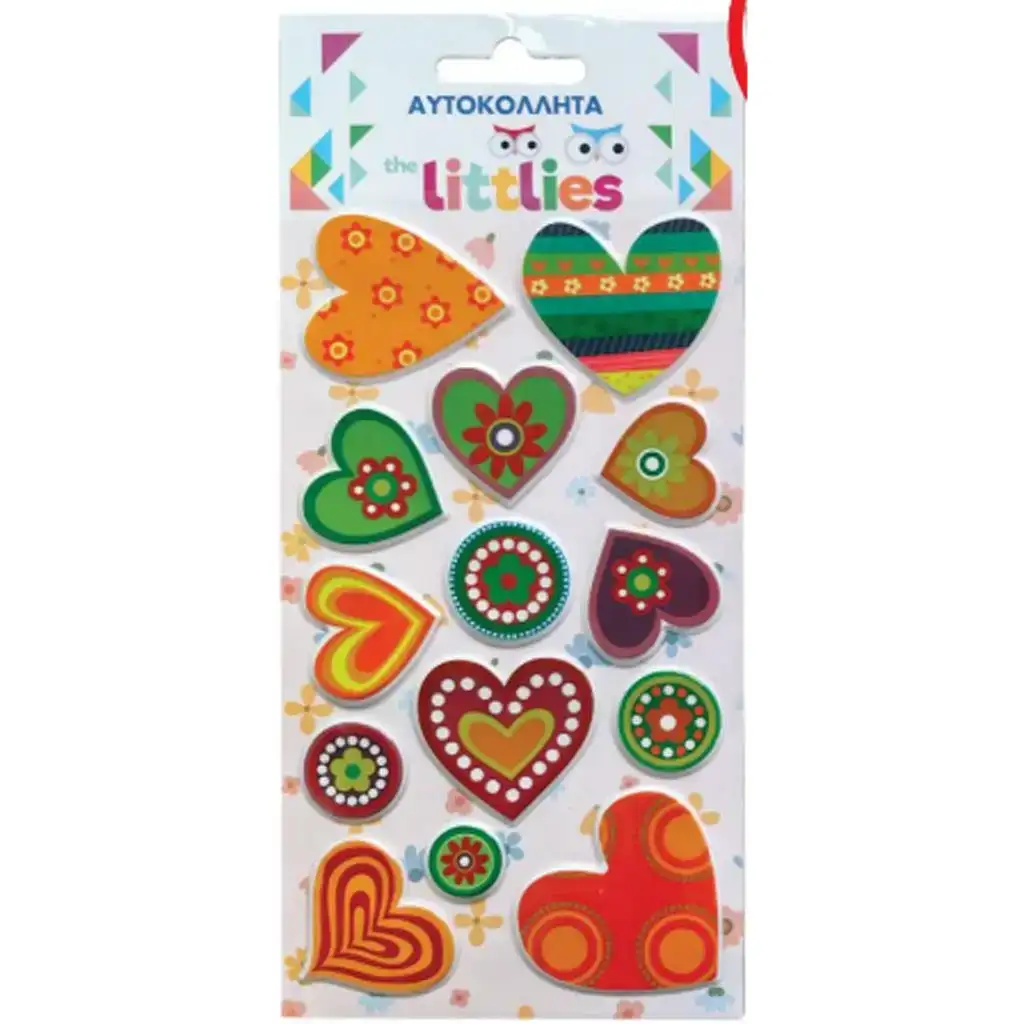 The Littlies: Set di adesivi 3D a forma di cuoricini colorati su foglio 10x22cm
