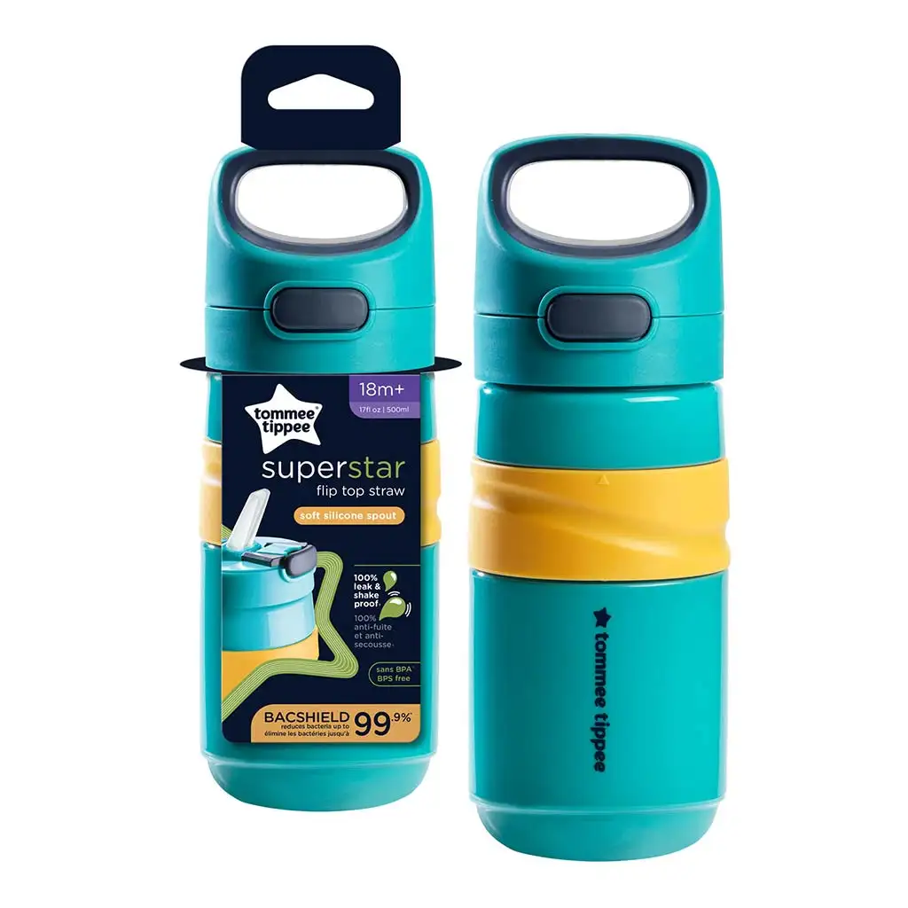 Tommee Tippee: Superstar bicchiere con cannuccia e tappo flip top, colore blu, 500 ml (18 mesi +)