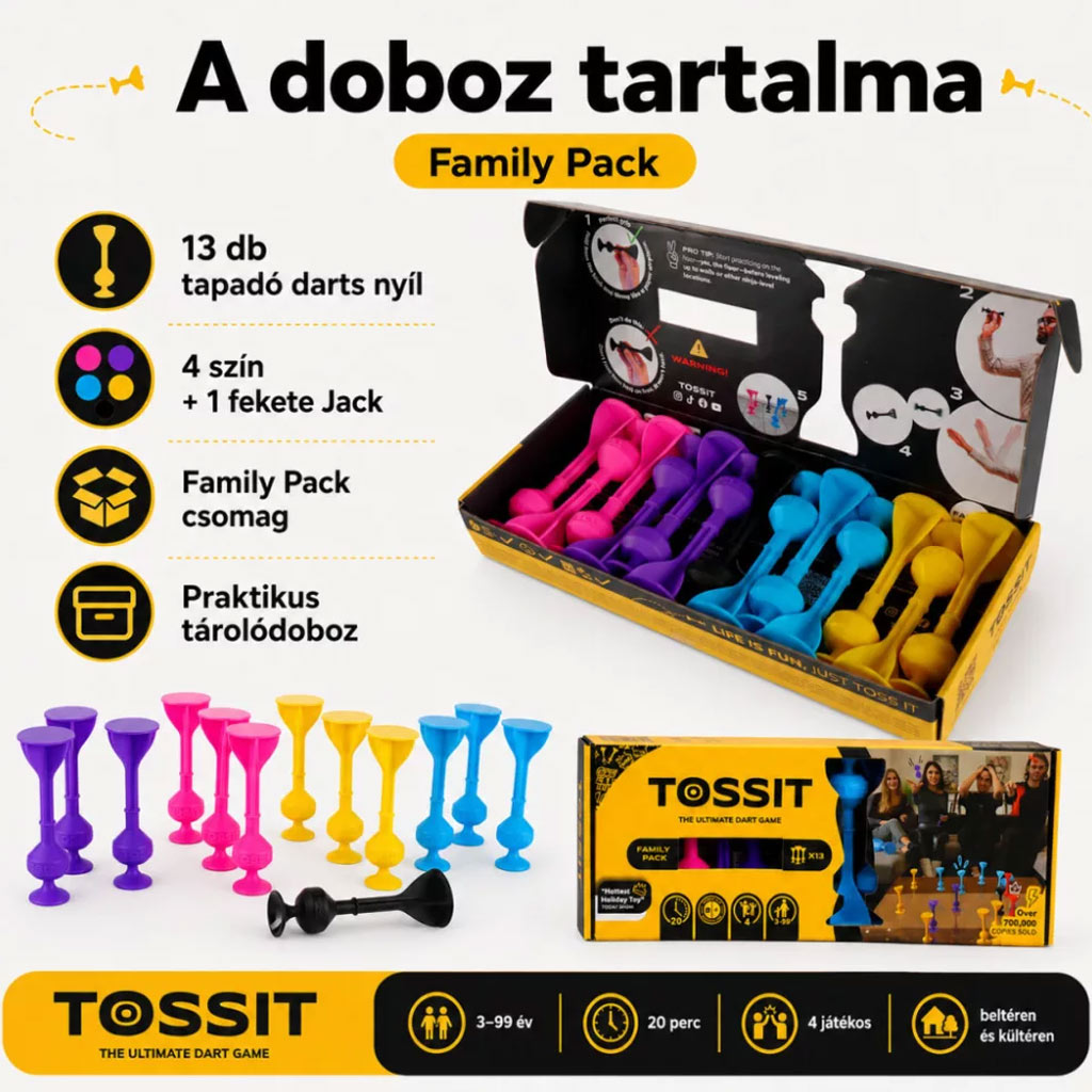 Tossit Family Pack – Rosa, Viola, Blu, Giallo gioco da tavolo con dardi adesivi immagine 2
