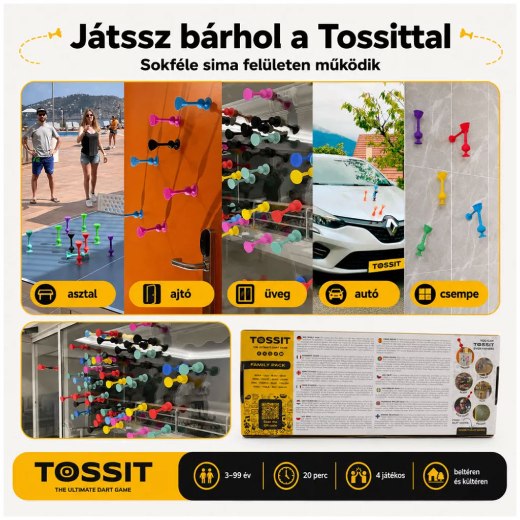 Tossit Family Pack – Rosa, Viola, Blu, Giallo gioco da tavolo con dardi adesivi immagine 5