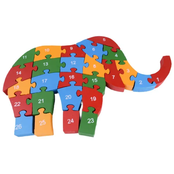 ABC - 123 puzzle educativo con elefanti in legno immagine 2