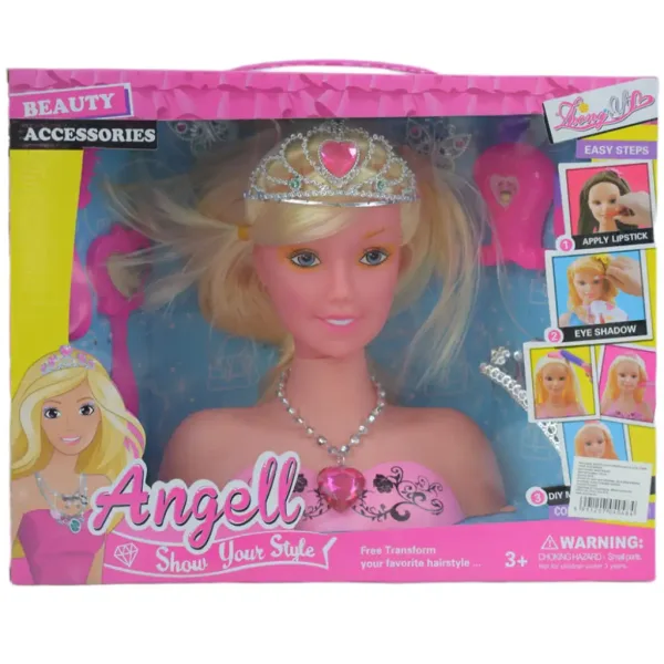 Angell: Testa di bambola pettinabile e acconciabile con tiara e accessori 21 cm immagine 5