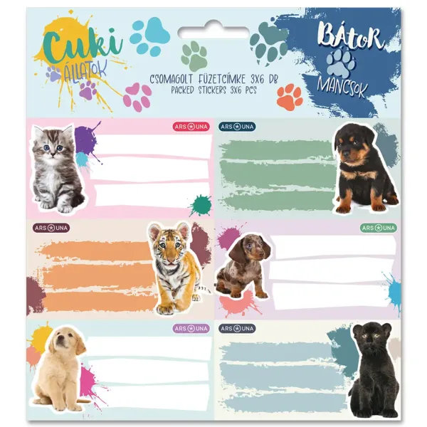 Ars Una: Etichette per quaderni confezionate "Dolci animali - Zampe coraggiose" 3x6 pezzi immagine 1