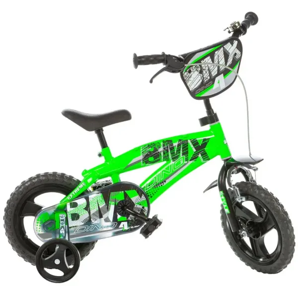 Bicicletta BMX 12” per bambini con rotelle, colore verde-nero – Dino Bikes immagine 1