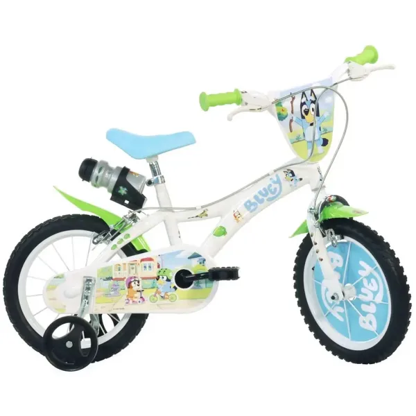 Bicicletta per bambini Bluey 14” con portaborraccia e rotelle laterali, colore bianco-blu-verde – Dino Bikes immagine 1