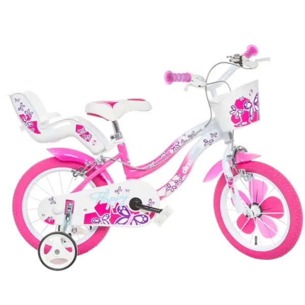 Bicicletta per bambini Flappy 16” con cestino e seggiolino per bambola, colore rosa-bianco – Dino Bikes immagine 1