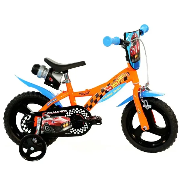 Bicicletta per bambini Hot Wheels 12" con portaborraccia e rotelle, colore arancione-nero – Dino Bikes immagine 1
