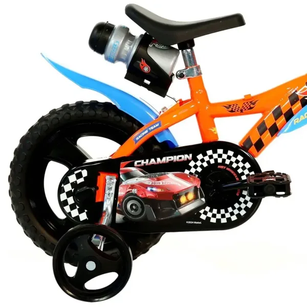 Bicicletta per bambini Hot Wheels 12" con portaborraccia e rotelle, colore arancione-nero – Dino Bikes immagine 2