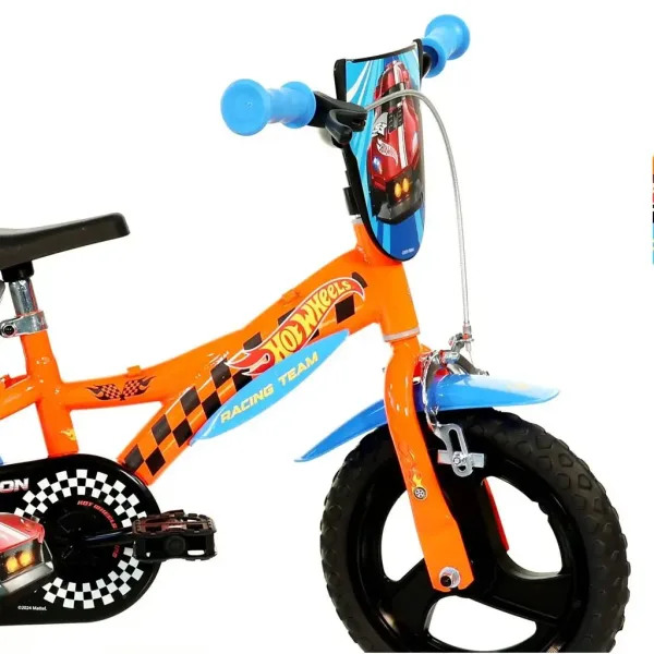Bicicletta per bambini Hot Wheels 12" con portaborraccia e rotelle, colore arancione-nero – Dino Bikes immagine 3