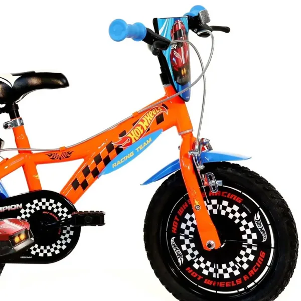 Bicicletta per bambini Hot Wheels 14” con portaborraccia e rotelle laterali, colore arancione-nero – Dino Bikes immagine 3