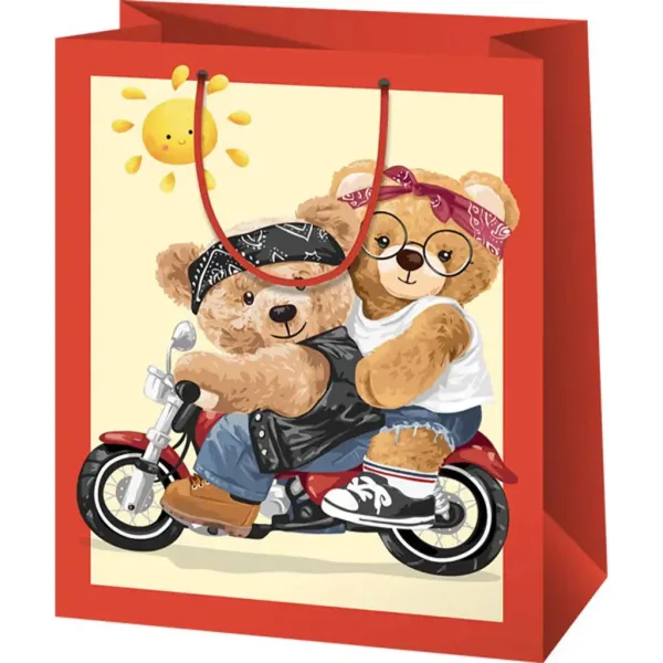 Borsa regalo di dimensioni normali con motivo di orsi motociclisti 11x6x14cm immagine 1