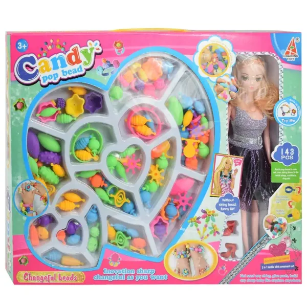 Candy PopBead: Set di perline per creare gioielli da 143 pezzi con bambola, perline colorate, anelli e elementi accessori. immagine 1