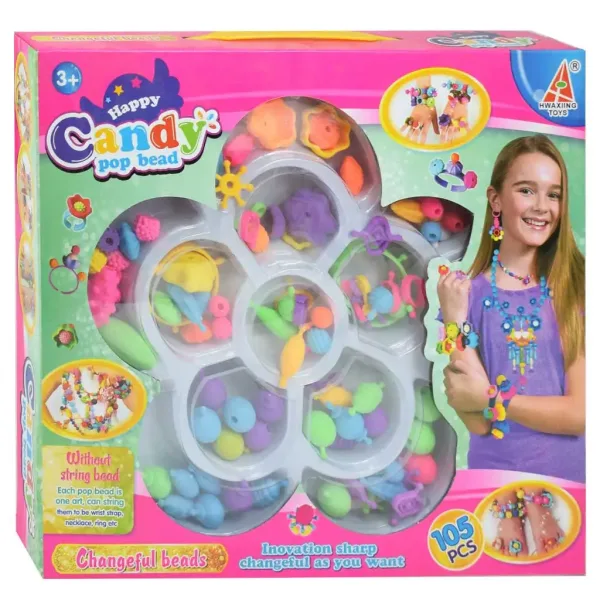 Candy PopBead: Set di perline per creazione di gioielli da 105 pezzi con perline colorate, anelli e elementi accessori immagine 1