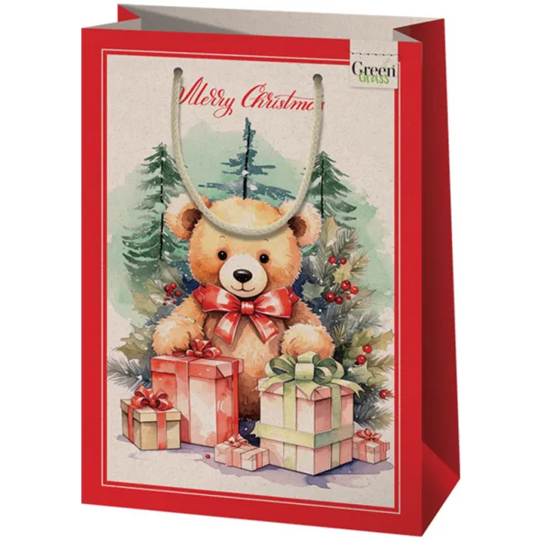 Cardex: Borsa regalo esclusiva di grande formato con orsetto natalizio Green Grass 27x14x33 cm immagine 1