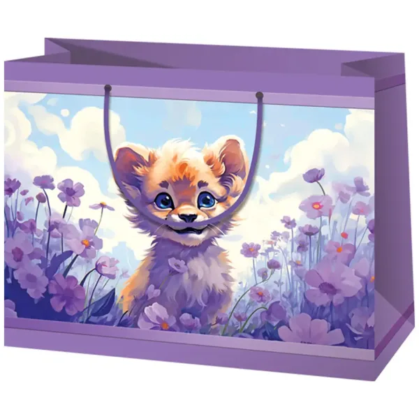 Cucciolo di leone con fiori borsa regalo esclusiva di colore viola di medie dimensioni 18x10x23cm immagine 1