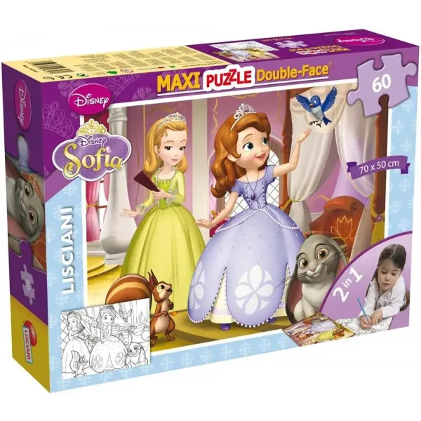 Disney Sofia la Principessa 2 in 1 maxi puzzle da 60 pezzi e colorabile 70x50cm - Lisciani immagine 1