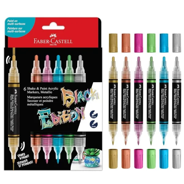 Faber-Castell: Black Edition Shake & Paint set di 6 marker metallici colorati a doppia punta, 3mm e 1mm immagine 1