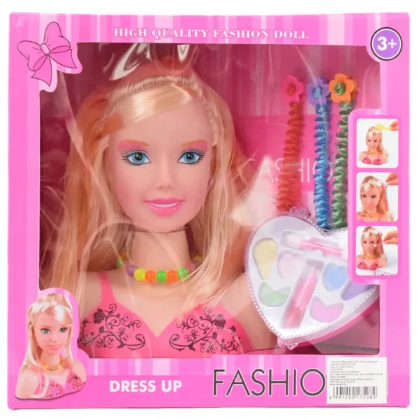 Fashion Girl: Testa di bambola con capelli biondi pettinabili e acconciabili con palette di trucco e accessori 21cm immagine 8