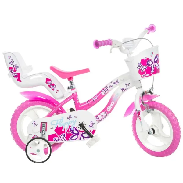 Flappy bicicletta per bambini da 12” con cestino e seggiolino per bambole, colore rosa-bianco - Dino Bikes immagine 1