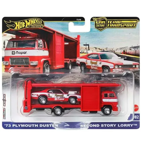 Hot Wheels: Second Story Lorry trasportatore di auto premium e modellino 73 Plymouth Duster 1/64 - Mattel immagine 1