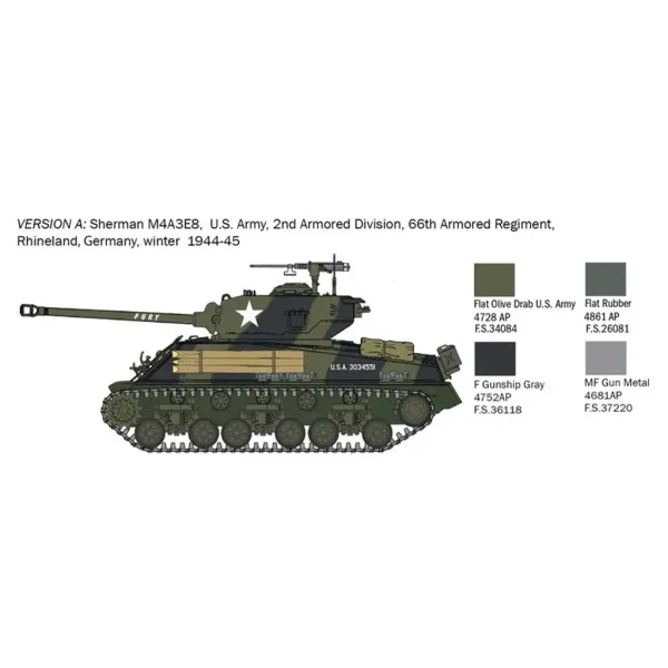 Italeri 1/56 M4A3E8 Sherman Fury modello di carro armato immagine 3
