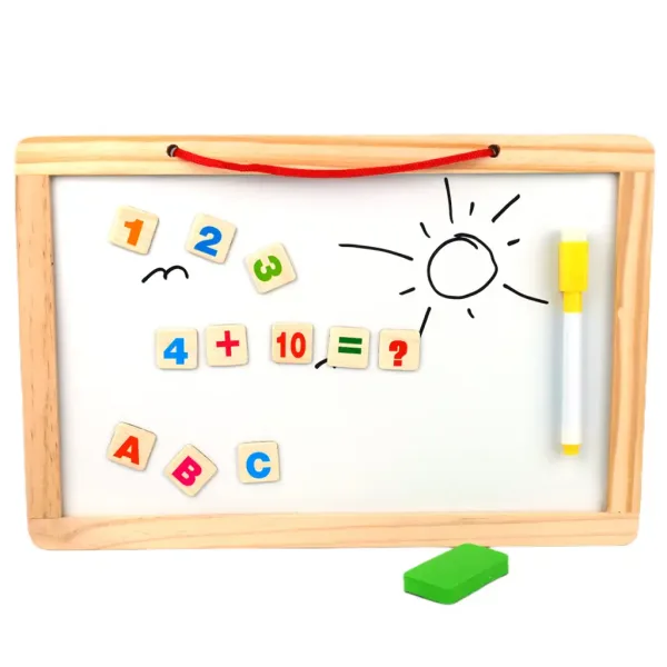Lavagna magnetica in legno 2 in 1 con lettere magnetiche, pennarello e gessetti immagine 2