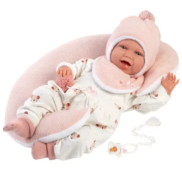 Llorens: Bambola Mimi di 42 cm con suoni, cuscino per la pancia, vestito da orsetto. immagine 3