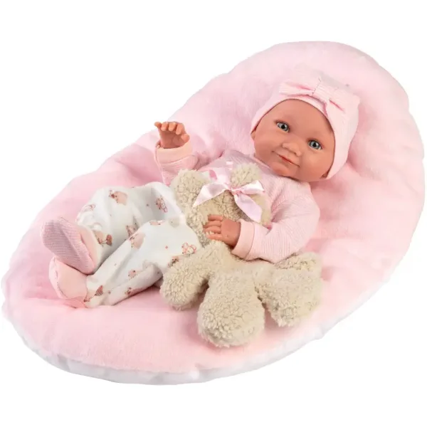 Llorens: Bambola neonato Nica di 40 cm con orsetto e lettino rosa immagine 2