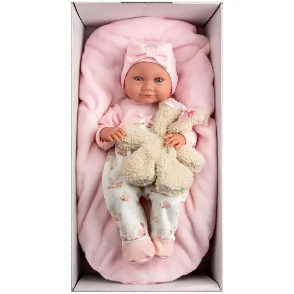 Llorens: Bambola neonato Nica di 40 cm con orsetto e lettino rosa immagine 3