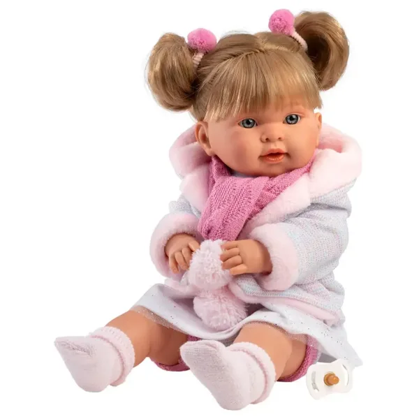 Llorens: Bambola piangente Alexandra di 42 cm con ciuccio e sciarpa rosa con pon pon. immagine 2