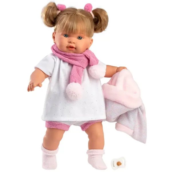Llorens: Bambola piangente Alexandra di 42 cm con ciuccio e sciarpa rosa con pon pon. immagine 3