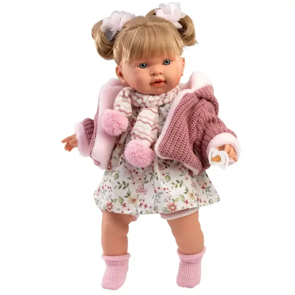Llorens: Bambola piangente Alexandra di 42 cm con ciuccio, giacca rosa lavorata a maglia e gonna a fiori immagine 1