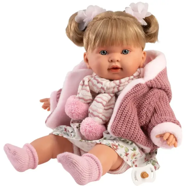 Llorens: Bambola piangente Alexandra di 42 cm con ciuccio, giacca rosa lavorata a maglia e gonna a fiori immagine 2
