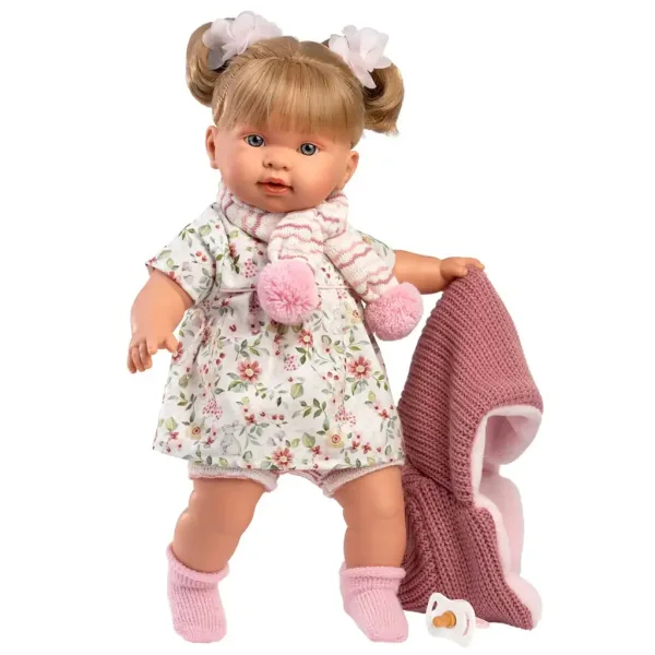 Llorens: Bambola piangente Alexandra di 42 cm con ciuccio, giacca rosa lavorata a maglia e gonna a fiori immagine 3