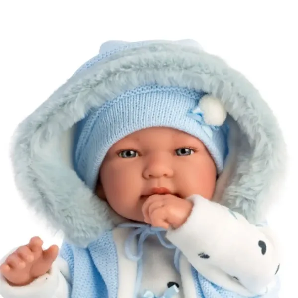 Llorens: Bambola piangente Tino di 44 cm con gilet blu con cappuccio immagine 4