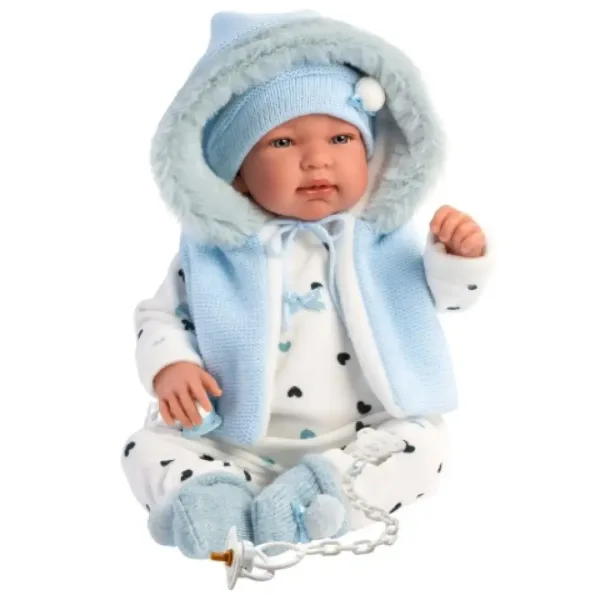 Llorens: Bambola piangente Tino di 44 cm con gilet blu con cappuccio immagine 5