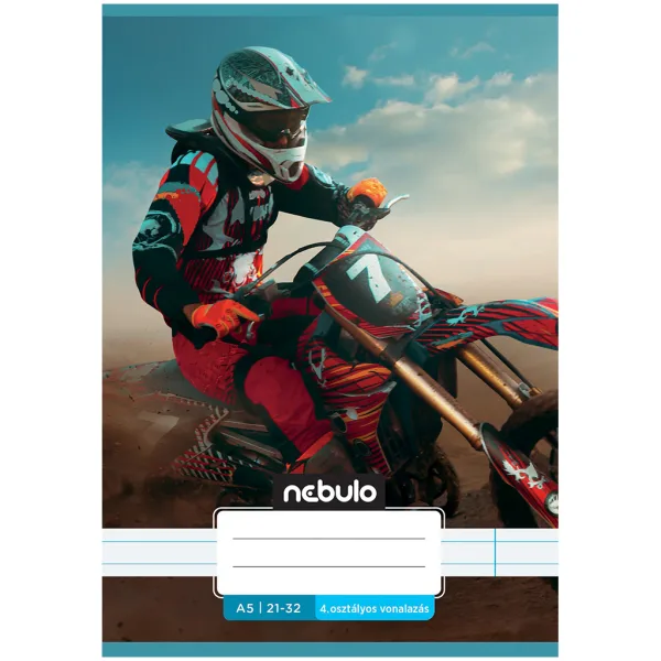 Nebulo: Quaderno a righe A/5 21-32 per la quarta elementare, con motivo di moto da corsa, spillato